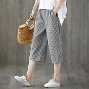 【A.Cheter】棉麻感鬆緊腰頭寬鬆格紋八分寬褲102635M黑白