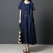 【A.Cheter】皇家藝術小排扣舒適涼爽棉麻寬鬆短袖洋裝*102699XL深藍