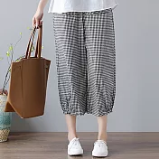 【A.Cheter】日韓風涼爽細格下腳微抽皺棉麻寬鬆九分褲*102715XL黑白