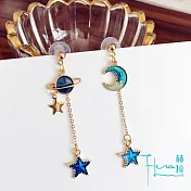 【Hera 赫拉】浪漫星空飾品耳環 幻彩五角星月亮不對稱耳釘星星耳環耳勾-H款-藍色星系+月亮+星星綴飾