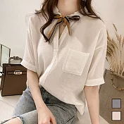 【MsMore】韓國時尚百搭領巾氣質佳人雪紡襯衫5分袖上衣*#102988M白