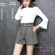 【Lockers 木櫃 】時尚寬鬆高腰格子毛呢褲灰格子