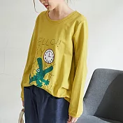 【慢。生活】側抓皺印花刺繡寬鬆長袖T 7219　FREE黃色