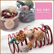 『坂井.亞希子』日系時尚毛球豹紋蝴蝶結10件套組髮圈 -磚紅色