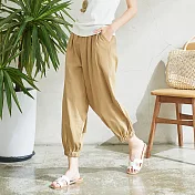 【慢。生活】鬆緊腰純色寬版縮口褲 30360　FREE黃色