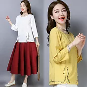 【NUMI】森-七分袖簡約繡花上衣-共2色-52125(M-2XL可選)M黃色