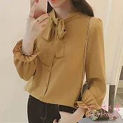 【Lockers 木櫃】燈籠袖蝴蝶結系帶雪紡上衣(3色)黃色