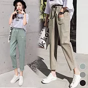 雙口袋顯瘦鬆緊腰頭休閒長褲