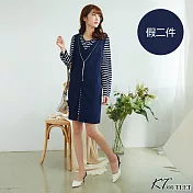 【KT】假兩件條紋拼接連身裙 L　L藍色