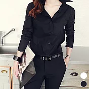 【MsMore】韓國女模機場時尚纖瘦俐落大翻領純棉襯衫#j103598M黑