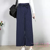【Lockers 木櫃】高腰寬鬆豎條紋直筒闊腿褲(2色)深藍色