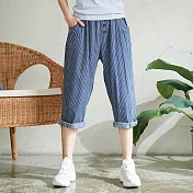 【慢。生活】水洗牛仔直條紋七分褲 11601　FREE藍色