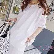 【Lockers 木櫃】蕾絲拼接棉麻長版型上衣-2色白蕾絲