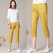 【NUMI】復古-純色顯瘦下擺開叉七分褲-共4色-91793(M-2XL可選)M姜黃色