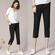 【NUMI】復古-純色顯瘦下擺開叉七分褲-共4色-91793(M-2XL可選)XL黑色