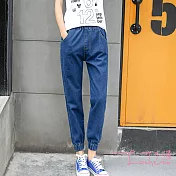 【Lockers 木櫃】鬆緊高腰牛仔哈倫褲(3色)深藍色