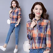 【NUMI】復古-休閒百搭格紋襯衫-橘藍格-90384(M-2XL可選)M橘藍格