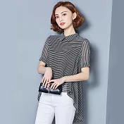 【MsMore】小香風絲柔荷葉擺渡飄逸條紋蠶絲雪紡上衣#j103700XL條紋