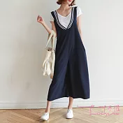 【Lockers 木櫃】韓版V領寬鬆連身闊腿褲-2色深藍色