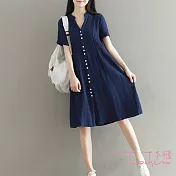 【Lockers 木櫃】森林文藝棉麻蝙蝠袖連身裙-2色深藍色