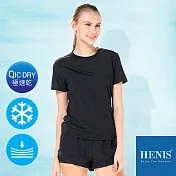 【HENIS】沁透急速乾 冰涼纖維 條紋短袖衫 (女款)L黑