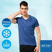 【HENIS】俐落V撞色 車線拼接 陽離子印染 涼感衣M彩藍