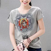 【初色】京劇圖案印花短袖上衣-共2色-93131(M-2XL可選)M灰色