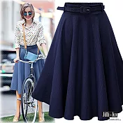 【Jilli~ko】高腰中長款A字牛仔裙 (附腰帶) 6718　FREE深藍