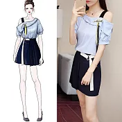 【初色】百搭條紋露肩套裝-藍條紋-93116(M-XL可選)M藍條紋