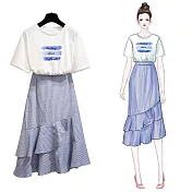 【初色】百搭T恤復古條紋魚尾裙兩件式套裝-共2色-93167(M-XL可選)M藍色