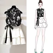 【初色】時尚印花背心+蝴蝶系帶兩件式套裝-黑色-93181(M-XL可選)L黑色