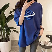 【初色】星球印花五分袖T恤-共4色-93076(M-2XL可選)M藍色