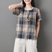 【MsMore】福岡雲彩格紋棉麻短袖上衣#j103809M藍