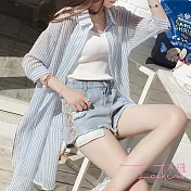 【Lockers 木櫃】清新港風直條紋防曬薄長襯衫-3色藍