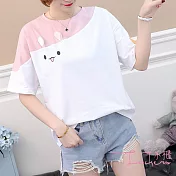 【Lockers 木櫃】拼接可愛萌兔潮服T恤-2色白粉色