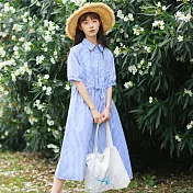 五分袖條紋棉麻洋裝