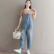 【MsMore】韓風儷人修身刷色水洗棉柔吊帶牛仔褲#j103957M藍