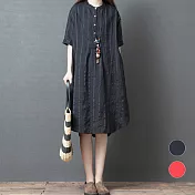 【A.Cheter】富良野生活美學慵懶條紋棉麻五分袖洋裝#j104005M黑