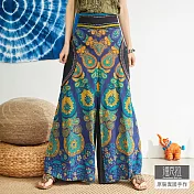 【潘克拉】半鬆緊繡線條印花寬口褲 TM1011 FREE藍色