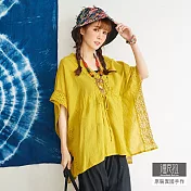 【潘克拉】蕾絲鈎花V領抽繩棉罩衫 TM1061 FREE黃色