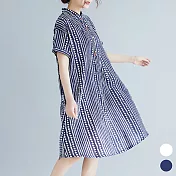 【A.Cheter】加勒比海拉丁音符風條紋涼夏棉麻短袖洋裝#j104161F藍