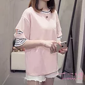 【Lockers 木櫃】開口純色半袖條紋假兩件棉T恤-3色粉