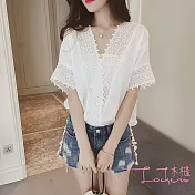 【Lockers 木櫃】甜美鏤空圖騰蕾絲拼接雪紡上衣-2色白