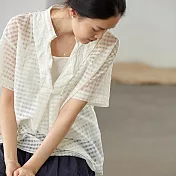 旅途原品_郊遊_原創設計鹽縮棉麻格子小衫 M/L/XL　M白色