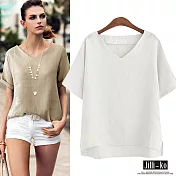 【Jilli~ko】V領休閒棉麻短袖T恤上衣 J6027　FREE白色