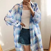 【那木】漸層格子長版薄款防晒空調衫(3色)   FREE藍