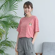 【慢。生活】貓咪刺繡條紋短袖T 948　FREE紅色