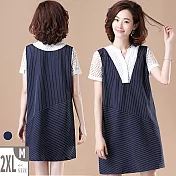 【MsMore】英國凯瑟琳氣質風蕾絲背心條紋拼接短袖洋裝#j104342M藍
