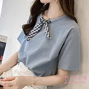 【Lockers 木櫃】韓版簡潔圓領菱格紋領結T恤-2色藍