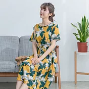 【慢。生活】夏日印花抽繩收腰連身裙 277　FREE黃色